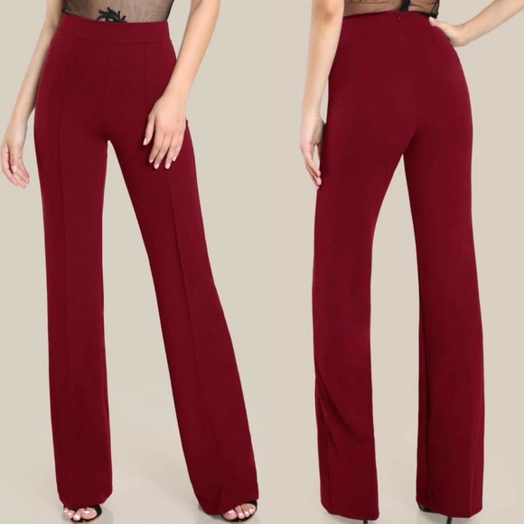 High Rise Flared Leg Pants burgundy red maroon - Picture 1 of 11